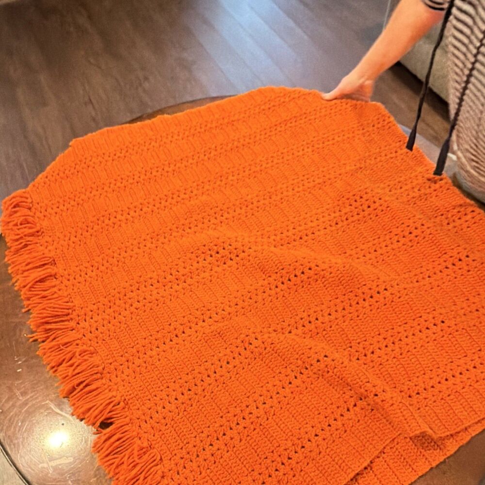 Handmade Crochet Orange Fringed Sofa Throw Blanket Rectangle Solid - Picture 1 of 4
